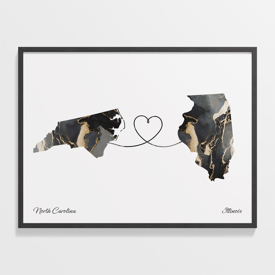 North Carolina Illinois Long Distance Love Black Gold Marble Map Poster