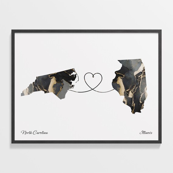 North Carolina Illinois Long Distance Love Black Gold Marble Map Poster