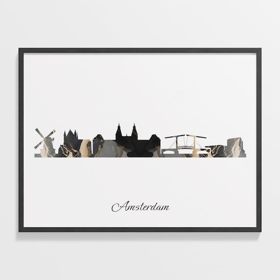 Amsterdam Black Marble Skyline Windmill Bridge Poster Modern Cityscape Art