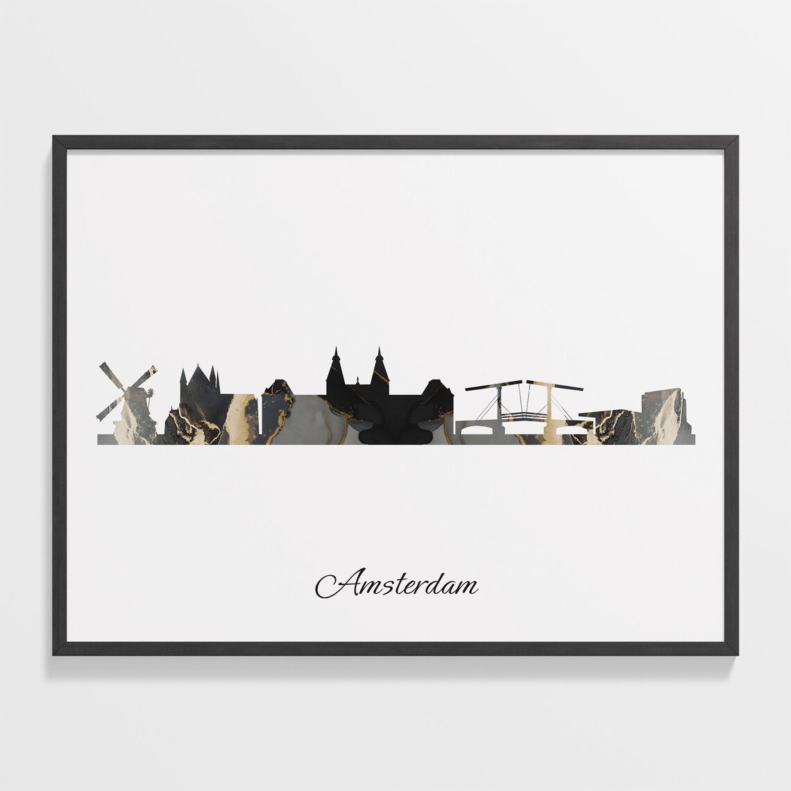 Amsterdam Black Marble Skyline Windmill Bridge Poster Modern Cityscape Art