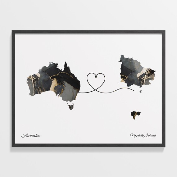 Australia To Norfolk Island Marble Map Heart Poster Long Distance Love Gift