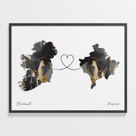 Ireland To Kosovo Black Gold Marble Two Country Heart Map Poster