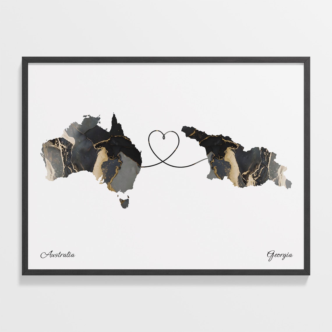 Australia and Georgia Two Countries Black Gold Marble Map Poster