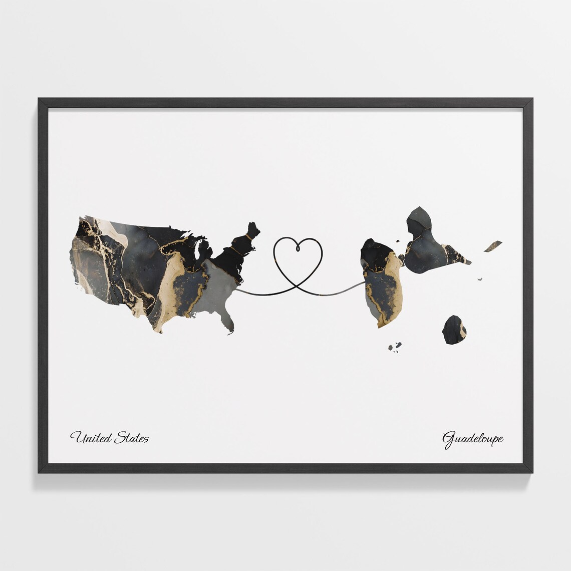United States and Guadeloupe Marble Map Heart Long Distance Poster