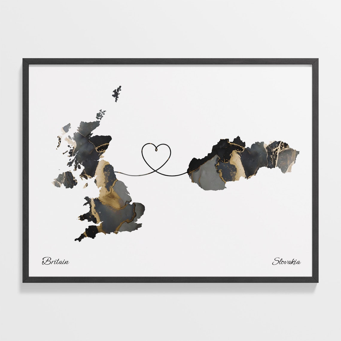Britain and Slovakia Heart Connection Black and Gold Marble Poster