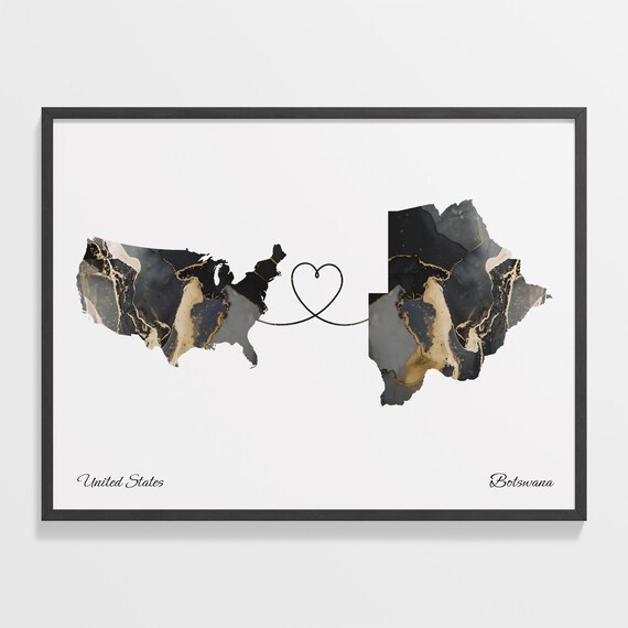 United States and Botswana Black Marble Heart Connection Map Poster