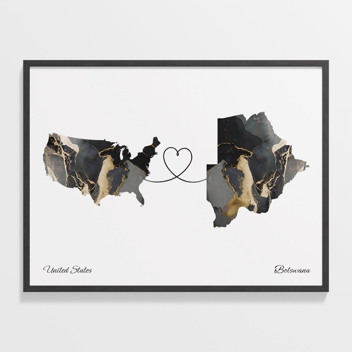 United States and Botswana Black Marble Heart Connection Map Poster
