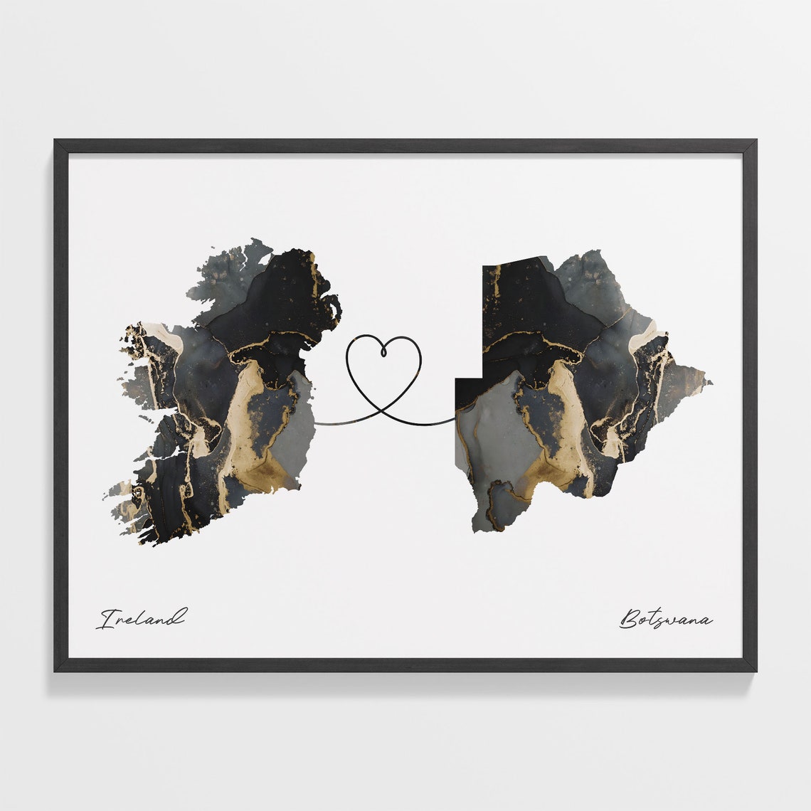 Ireland Botswana Long Distance Love Heart Marble Map Gift Poster