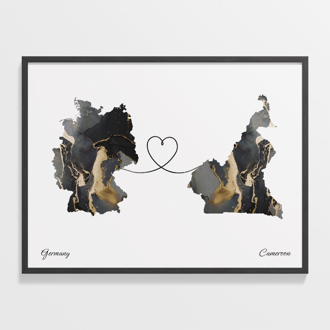 Germany To Cameroon Heart Linked Marble Map Love Connection Poster