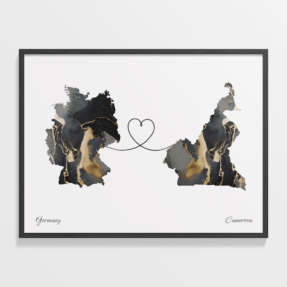 Germany To Cameroon Heart Linked Marble Map Love Connection Poster