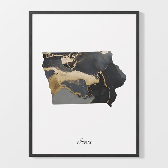 Iowa Black and Gold Marble State Map Silhouette Minimalist Poster