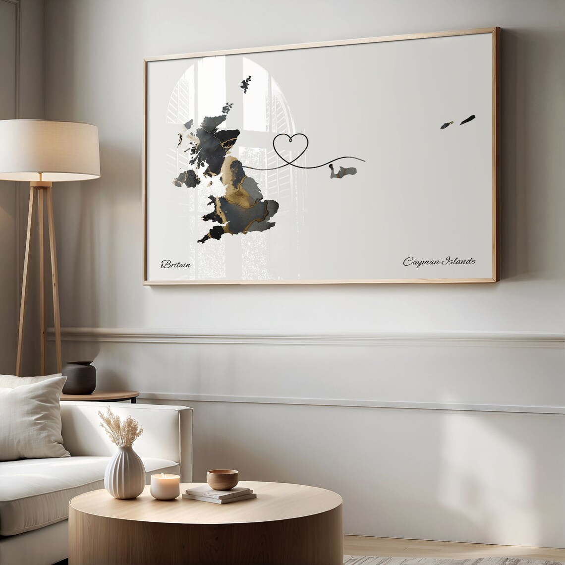 Britain to Cayman Islands Marble Heart Map Poster Gift for Long Distance Love - Image 2