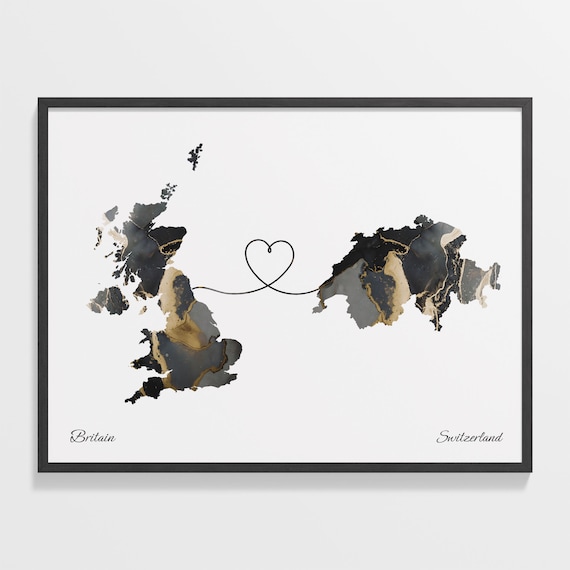 Britain and Switzerland Heart Connection Black and Gold Marble Poster