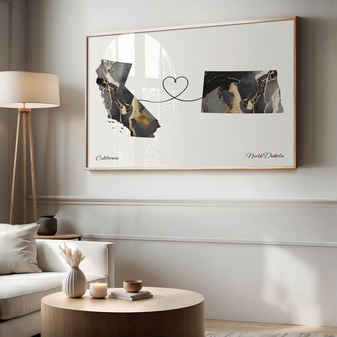 California to North Dakota Black Gold Marble Map Heart Line Art Poster - Image 2
