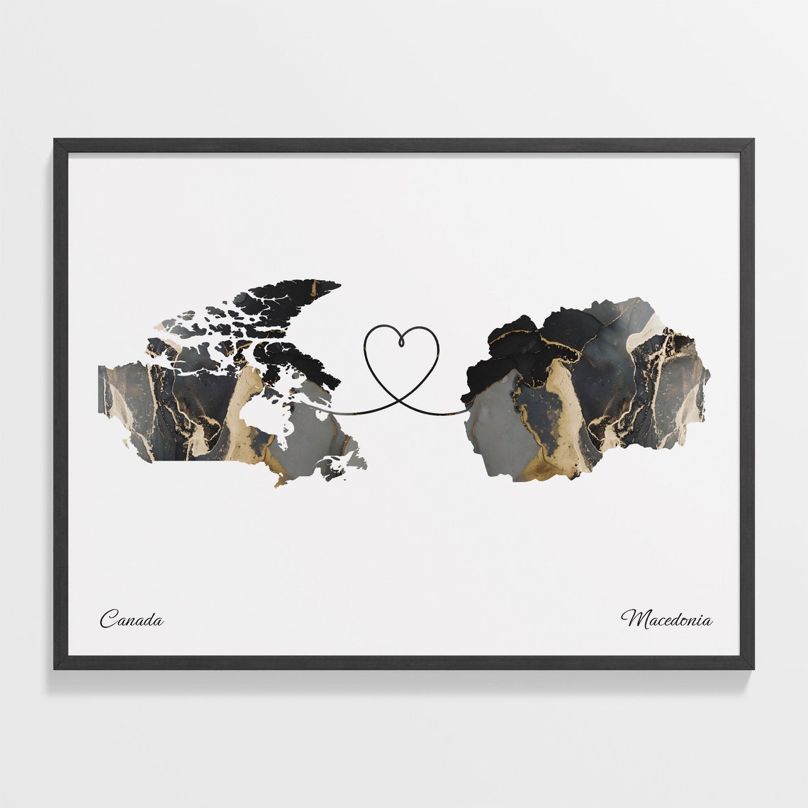Canada and Macedonia Two Countries Black Gold Marble Map Poster