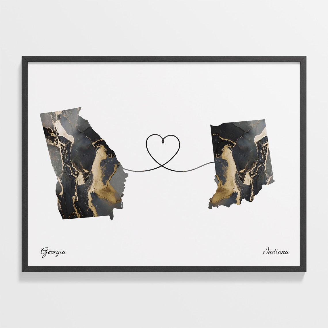 Georgia to Indiana Two State Long Distance Heart Marble Map Poster