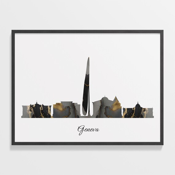 Geneva Black Gold Marble Skyline Switzerland Cityscape Travel Gift Poster