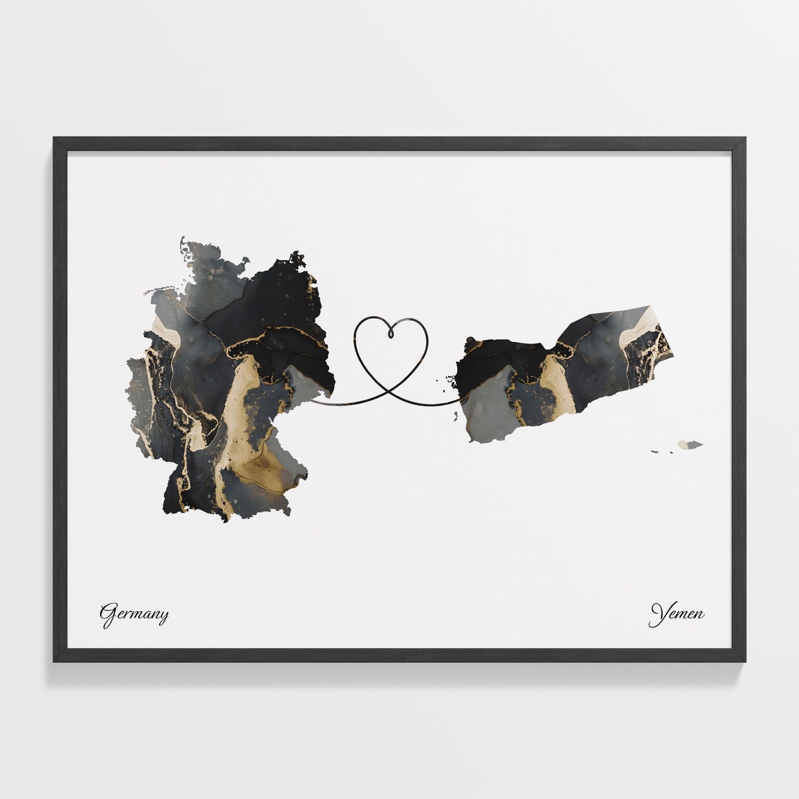 Germany to Yemen Black and Gold Marble Two Country Map Poster