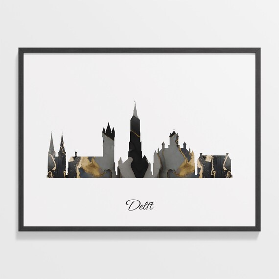 Delft Netherlands Black Gold Marble Skyline Silhouette Cityscape Poster