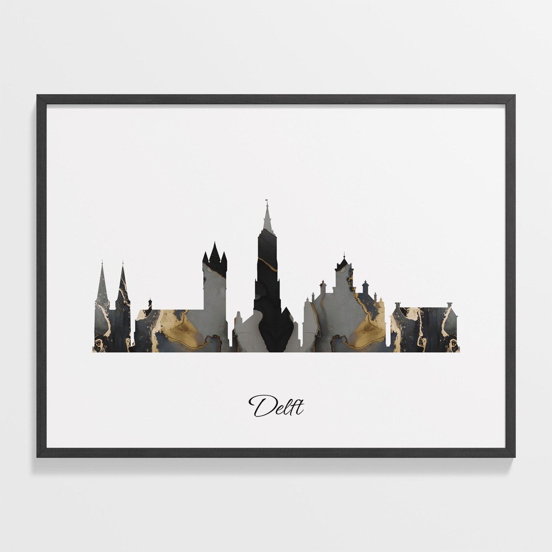 Delft Netherlands Black Gold Marble Skyline Silhouette Cityscape Poster