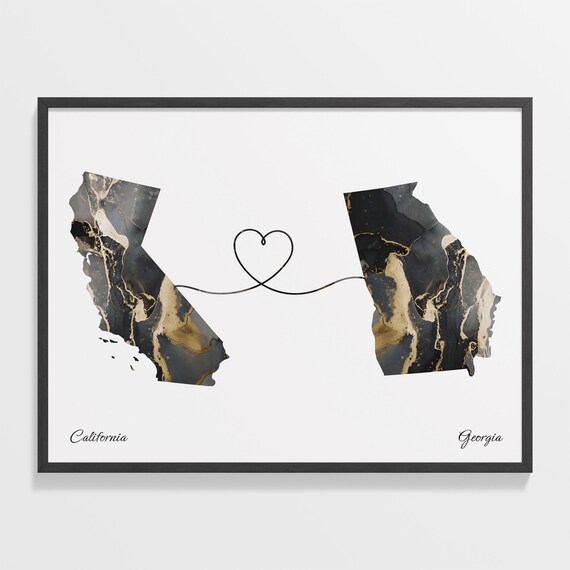 California to Georgia Black Gold Marble Map Heart Line Art Poster