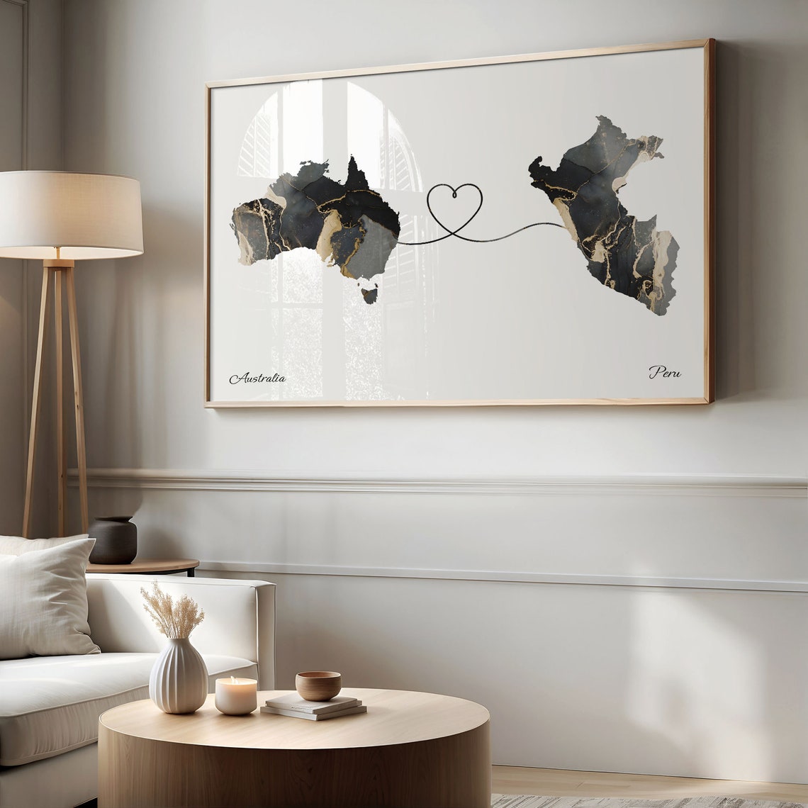 Australia and Peru Black Gold Marble Heart Connection Map Poster - Image 2