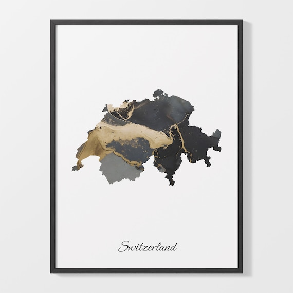 Switzerland Modern Black Gold Marble Map Office Wall Decor Art Poster