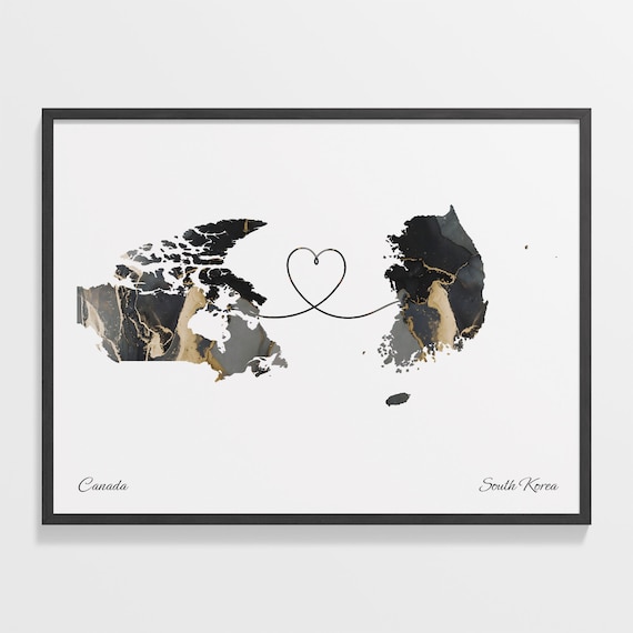 Canada To South Korea Black Gold Marble Long Distance Heart Map Poster