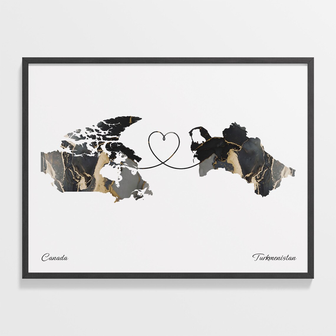 Canada To Turkmenistan Marble Heart Map Two Country Long Distance Gift Poster