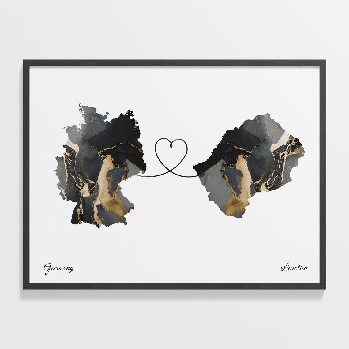 Germany and Lesotho Marble Heart Connected Countries Map Poster