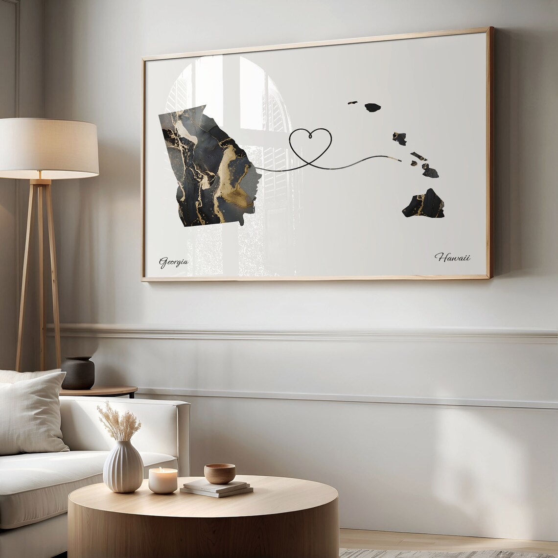 Georgia Hawaii Black Gold Marble Map Art Heart Connection Poster - Image 2