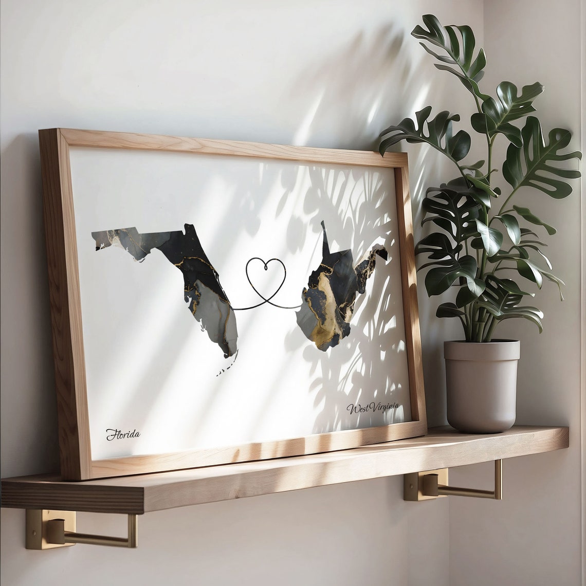 Florida West Virginia Marble State Map Poster Heart Line Moving Gift - Image 3