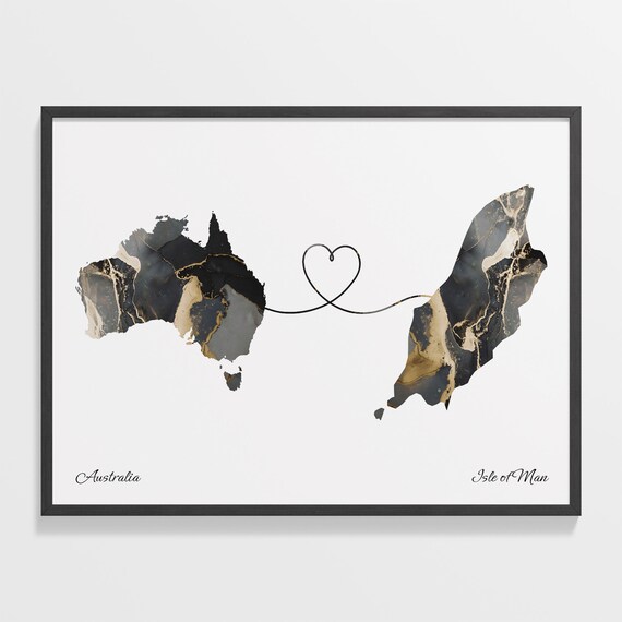 Australia To Isle of Man Black Gold Marble Long Distance Heart Map Poster
