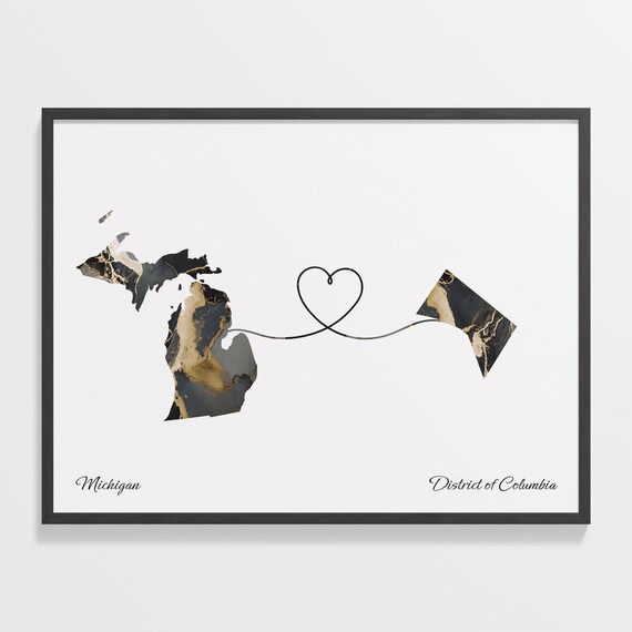 Michigan to District of Columbia Two Place Love Map in Gold Marble Poster