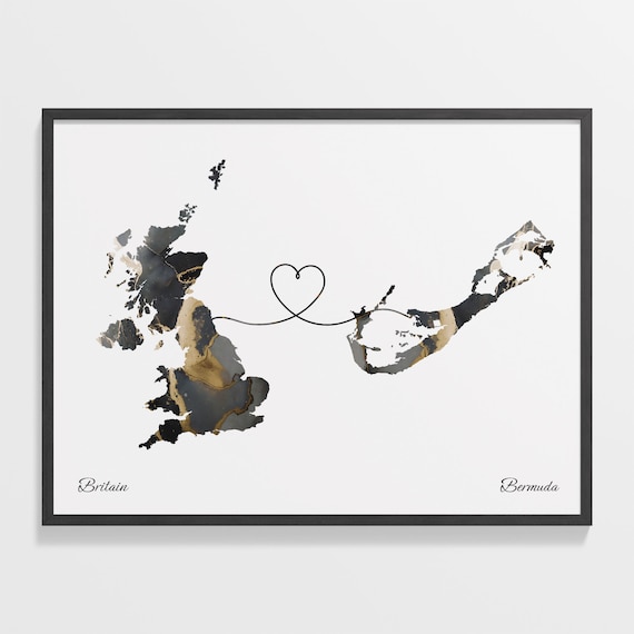 Britain To Bermuda Heart Linked Marble Map Love Connection Poster
