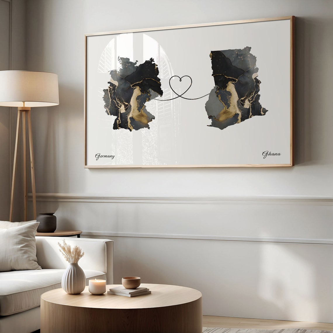 Germany To Ghana Long Distance Marble Map Heart Print Gift Art - Image 2