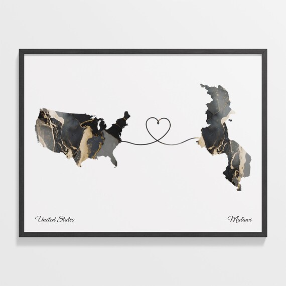 United States Malawi Heart Marble Map Long Distance Couple Poster