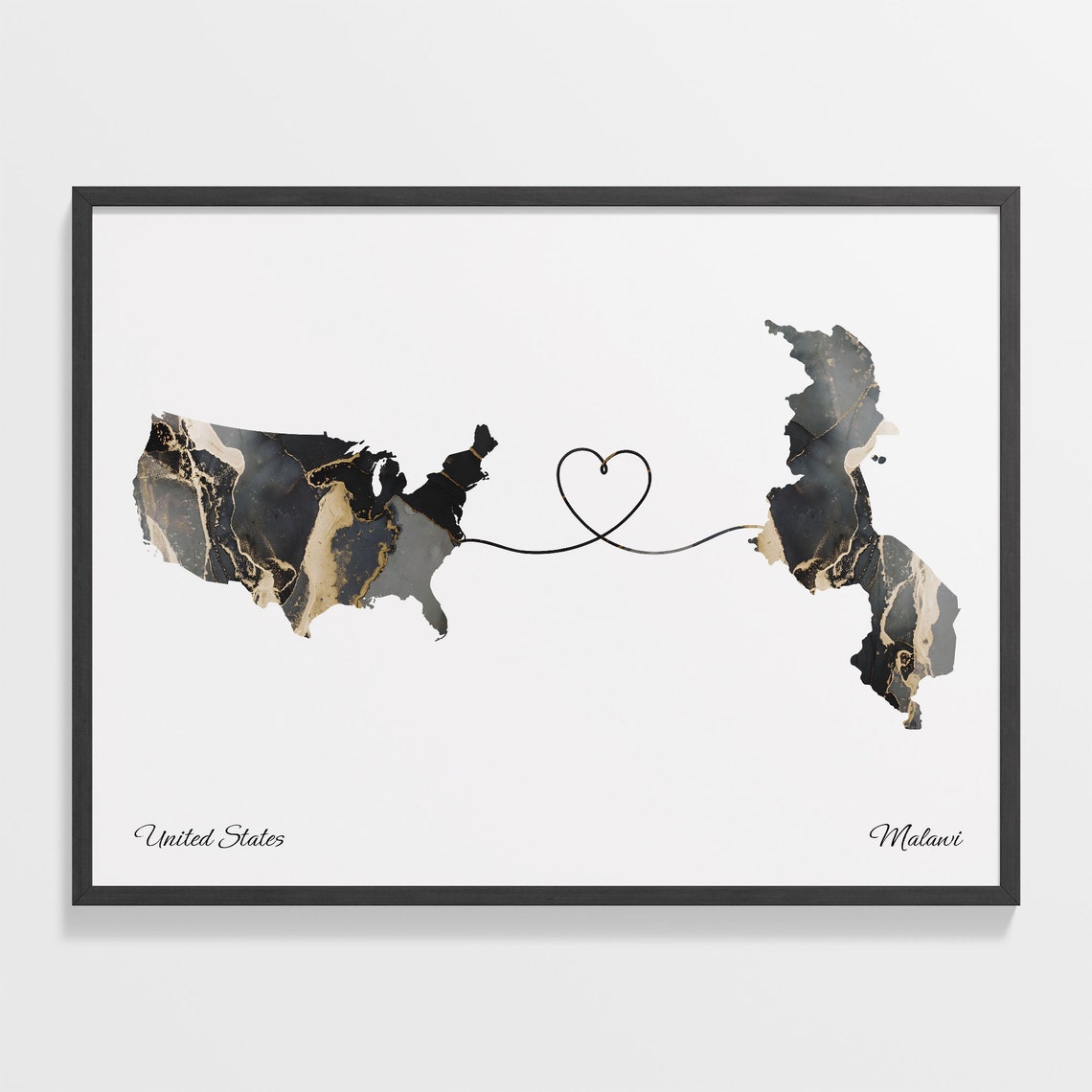 United States Malawi Heart Marble Map Long Distance Couple Poster