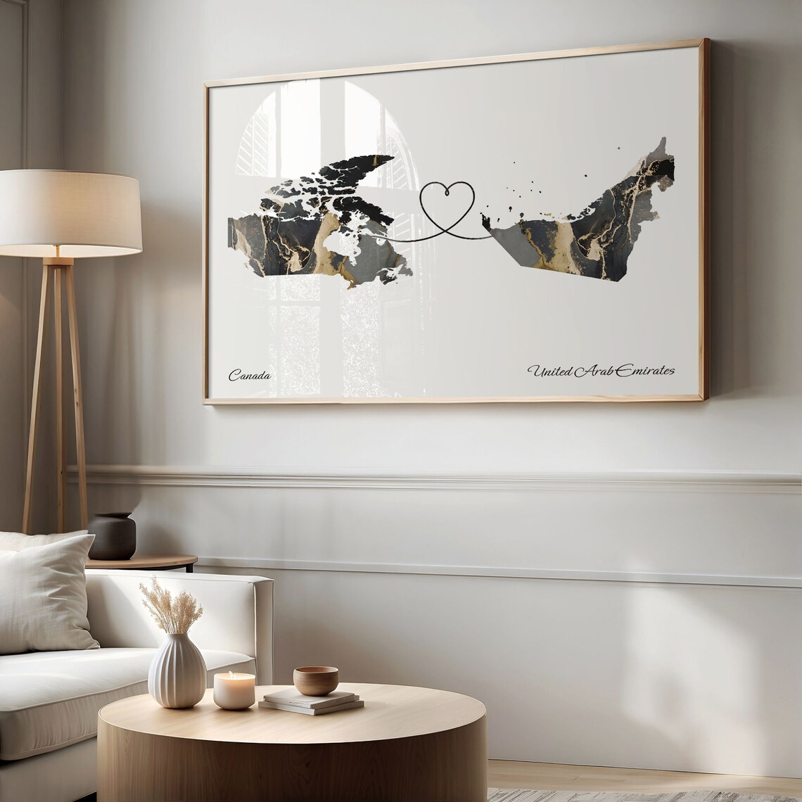 Canada to United Arab Emirates Black Gold Marble Heart Connection Map Poster - Image 2