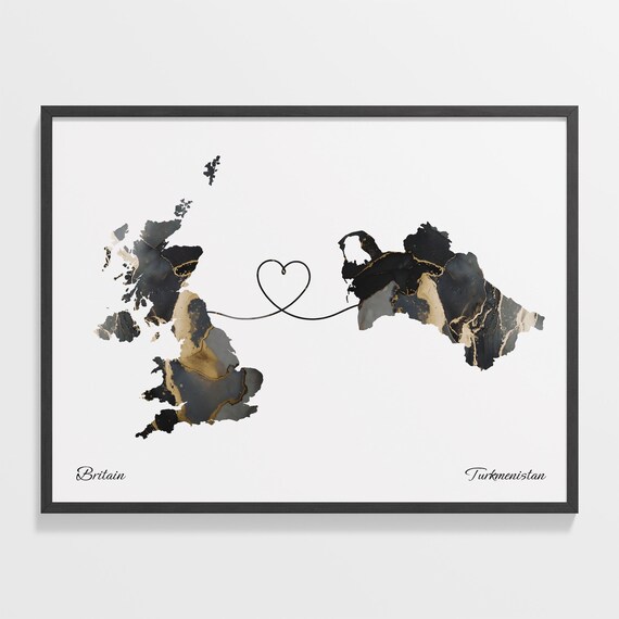 Britain and Turkmenistan Marble Heart Connected Countries Map Poster