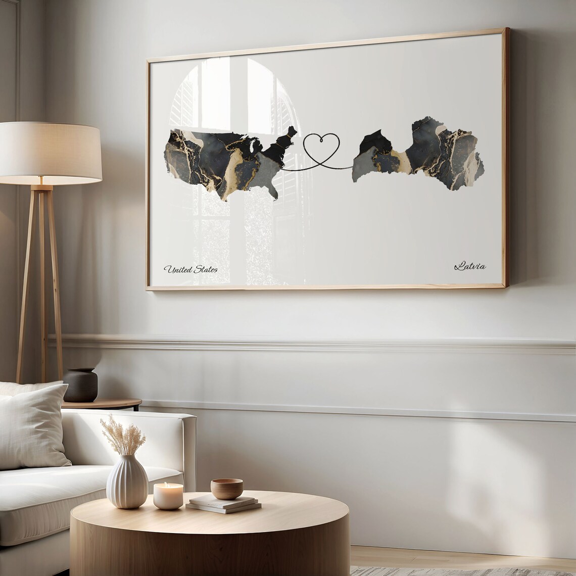 United States to Latvia Two Country Long Distance Heart Marble Map Poster - Image 2
