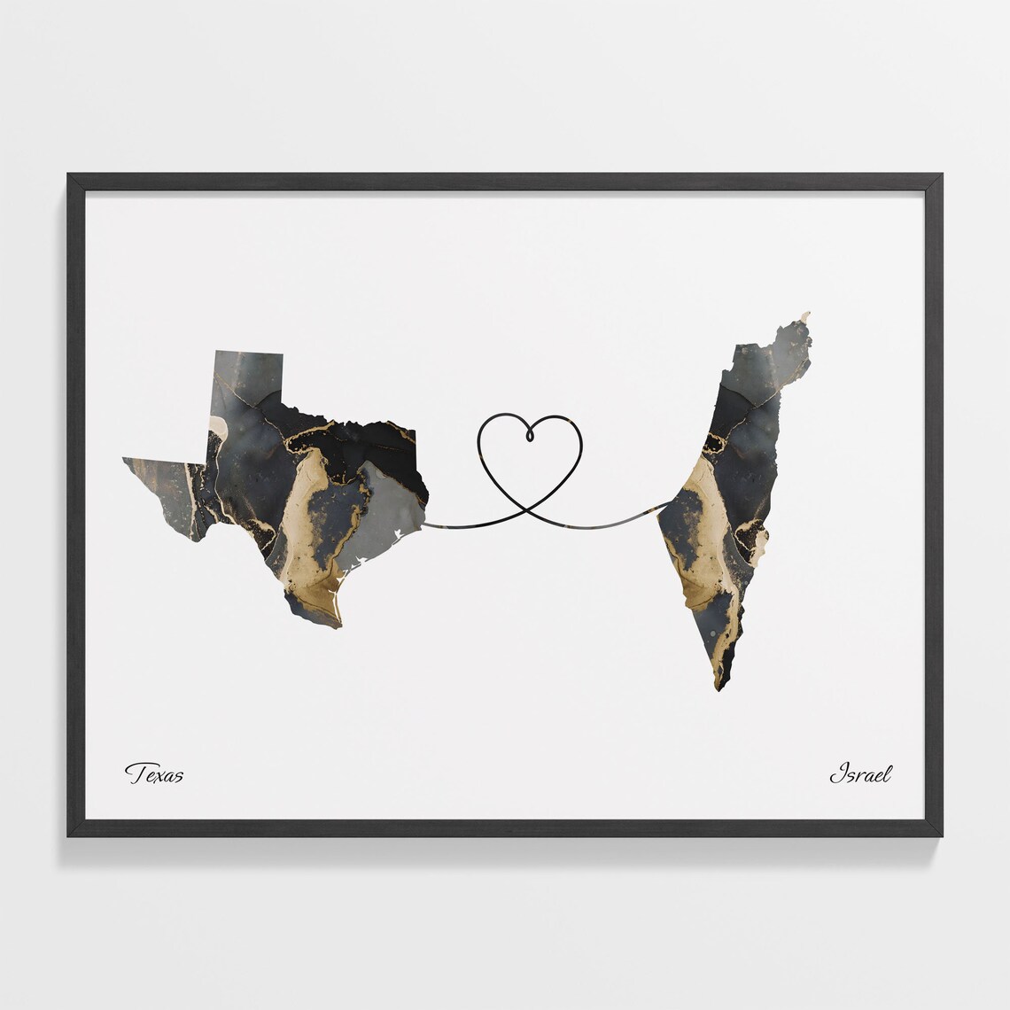 Texas to Israel Map Poster, Travel Art Print
