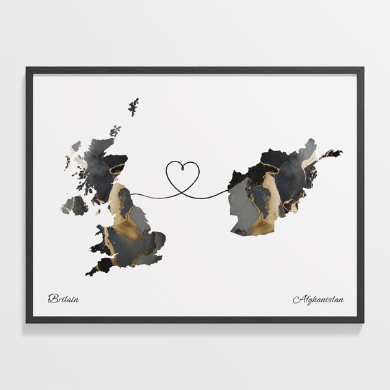 Britain to Afghanistan Heart Connected Long Distance Marble Map Poster