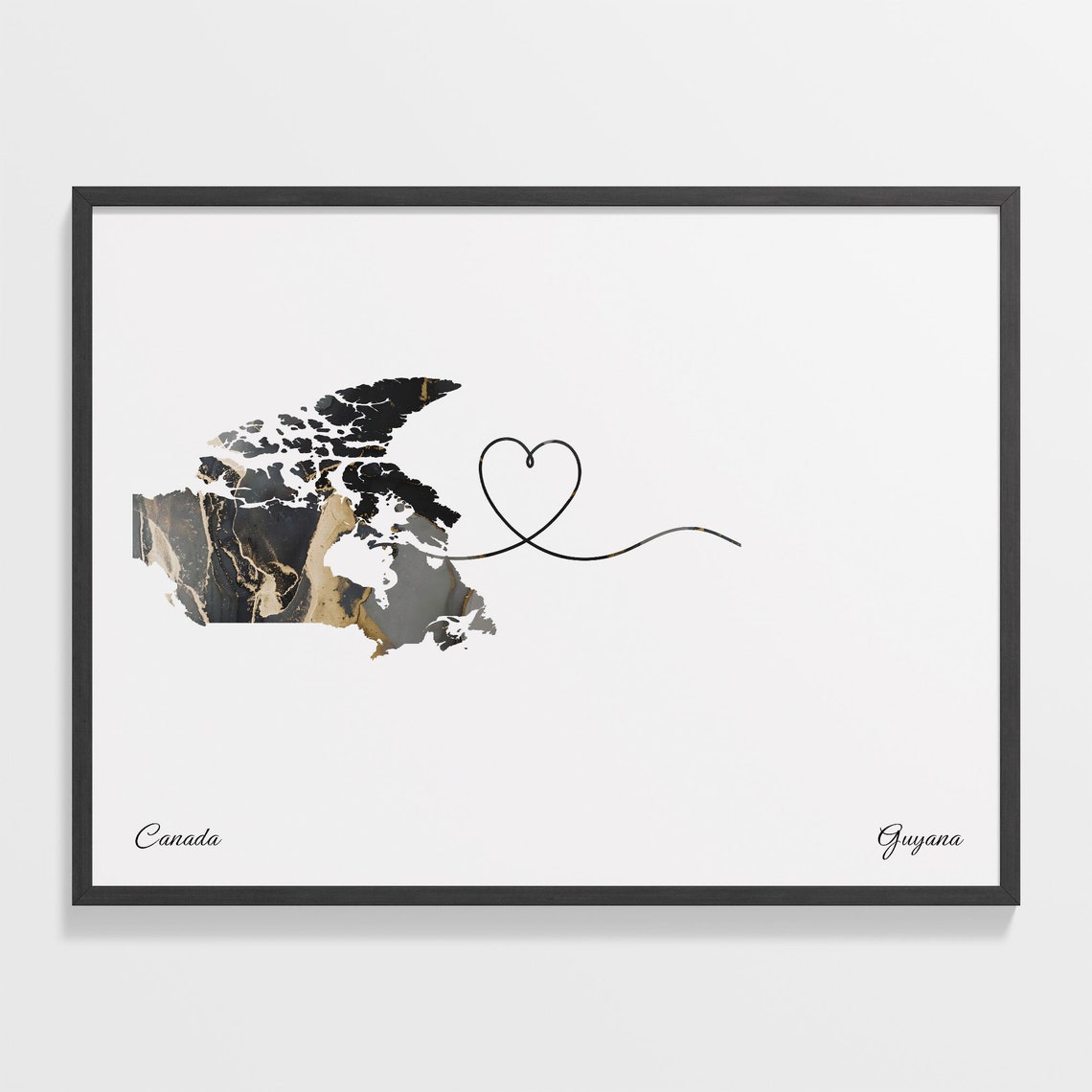 Canada to Guyana Black Gold Marble Heart Map Art Wall Poster
