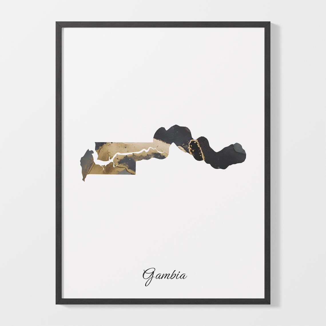 Gambia Modern Black Gold Marble Country Map Office Wall Decor Art Poster