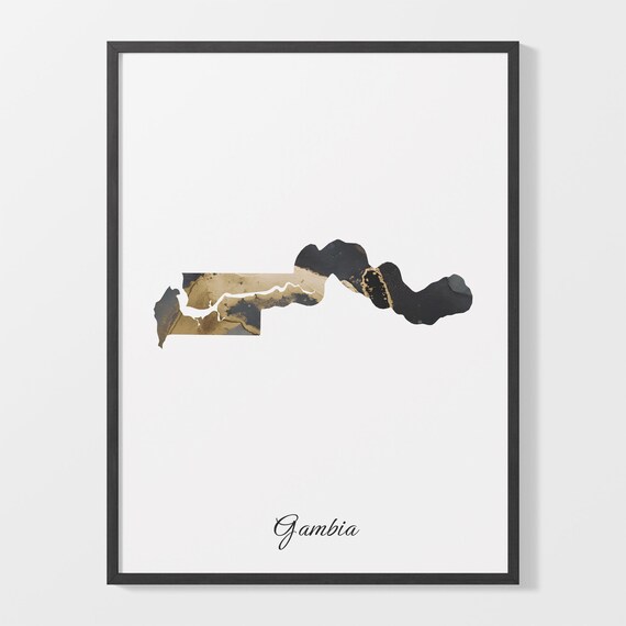 Gambia Modern Black Gold Marble Country Map Office Wall Decor Art Poster