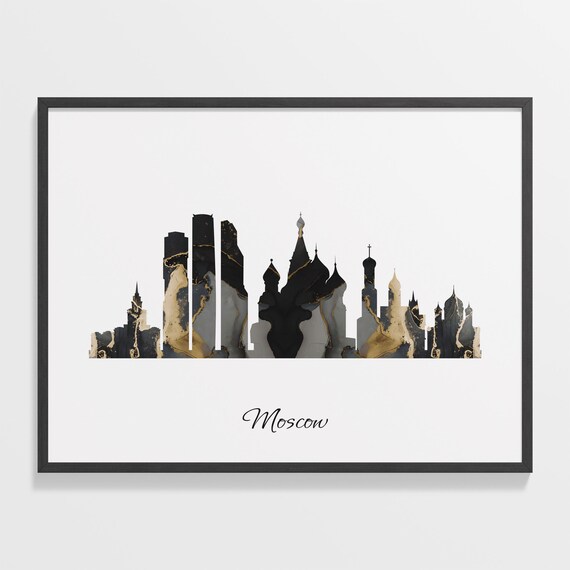 Moscow Skyline Marble Cityscape Black and Gold Travel Poster