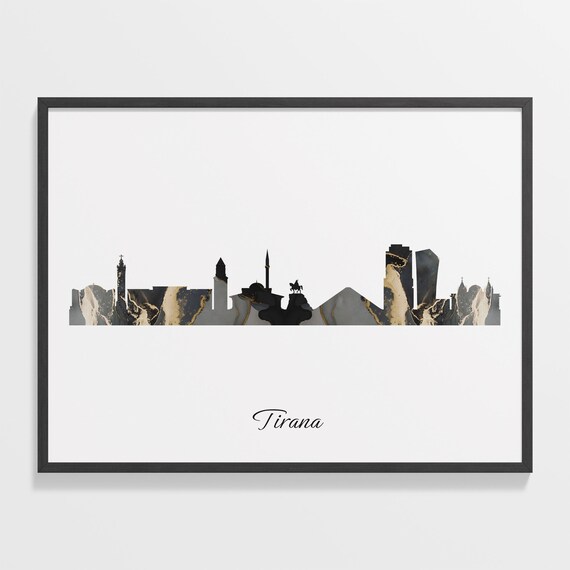 Tirana Black Marble Skyline Silhouette Poster Modern Cityscape Art