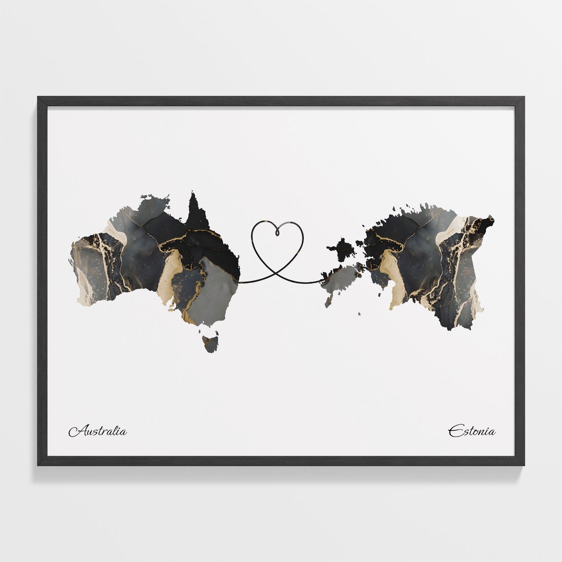 Australia To Estonia Heart Linked Marble Map Love Connection Poster