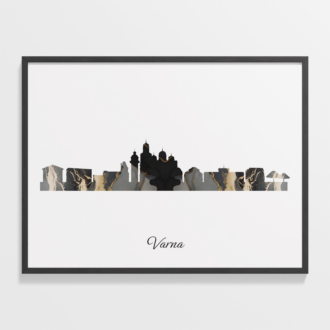 Varna Bulgaria Black and Gold Marble Skyline Silhouette Art Poster